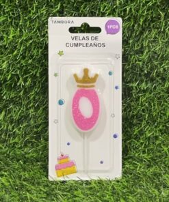 VELA NUMÉRICA CON CORONA Y ESCARCHADA COLOR ROSADA #0 6CM 1UND